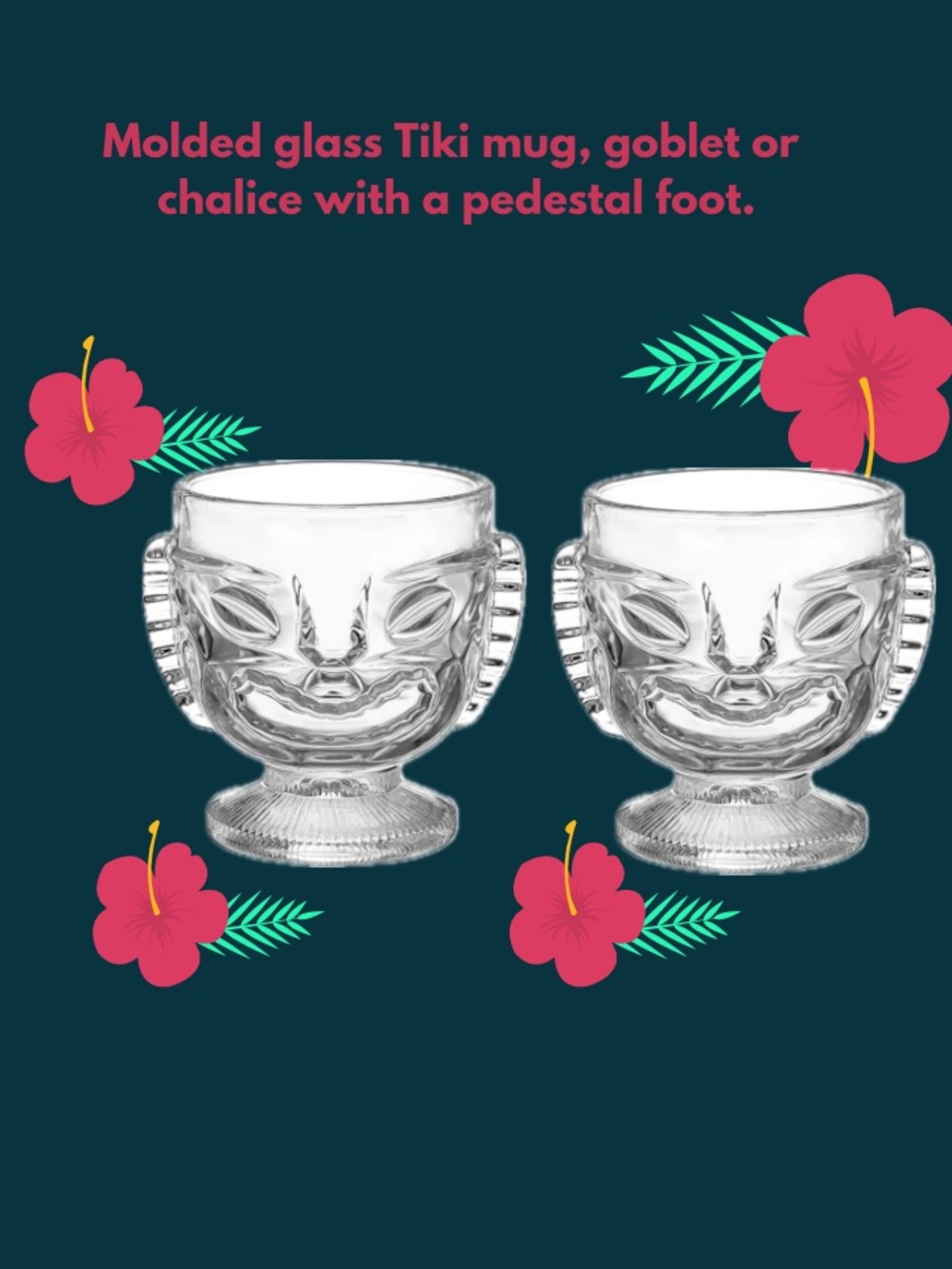 Clear double sided molded glass Tiki mug, goblet or chalice with pedestal foot.